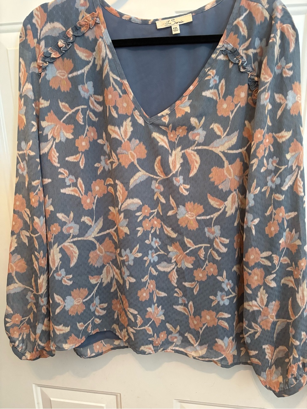 Sami & Jo Dusty Blue Floral V-Neck Blouse with Peach Blooms